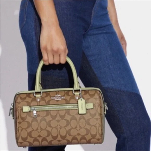 COACH  (83607) Rowan Khaki/Pale Lime Signature Medium Satchel Crossbody Handbag - Picture 6 of 16